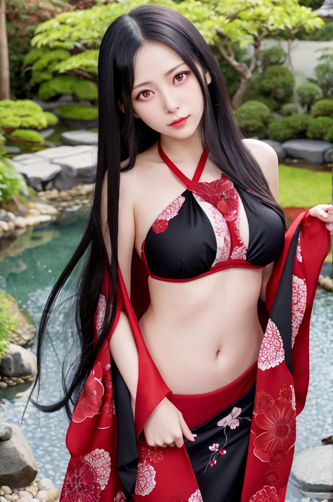 A hyper-realistic portrayal of Kaguya Shinomiya from Kaguya-sama: Love is War, (kawaii), (ero), standing in a tranquil Japanese garden at twilight, (detailed black hair:1.2), cross-halter-bikini, wearing her with realistic fabric textures, ((expressive red eyes)), , (intricate details:1.1), (serene background), (captivating atmosphere)