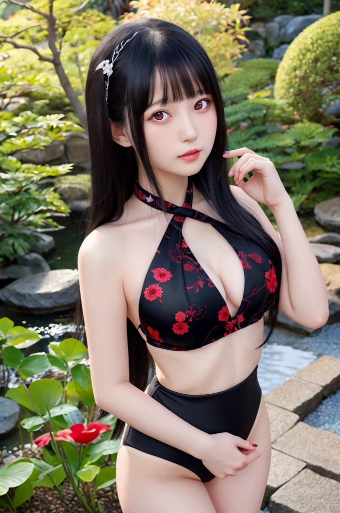A hyper-realistic portrayal of Kaguya Shinomiya from Kaguya-sama: Love is War, (kawaii), (ero), standing in a tranquil Japanese garden at twilight, (detailed black hair:1.2), cross-halter-bikini, wearing her with realistic fabric textures, ((expressive red eyes)), , (intricate details:1.1), (serene background), (captivating atmosphere)