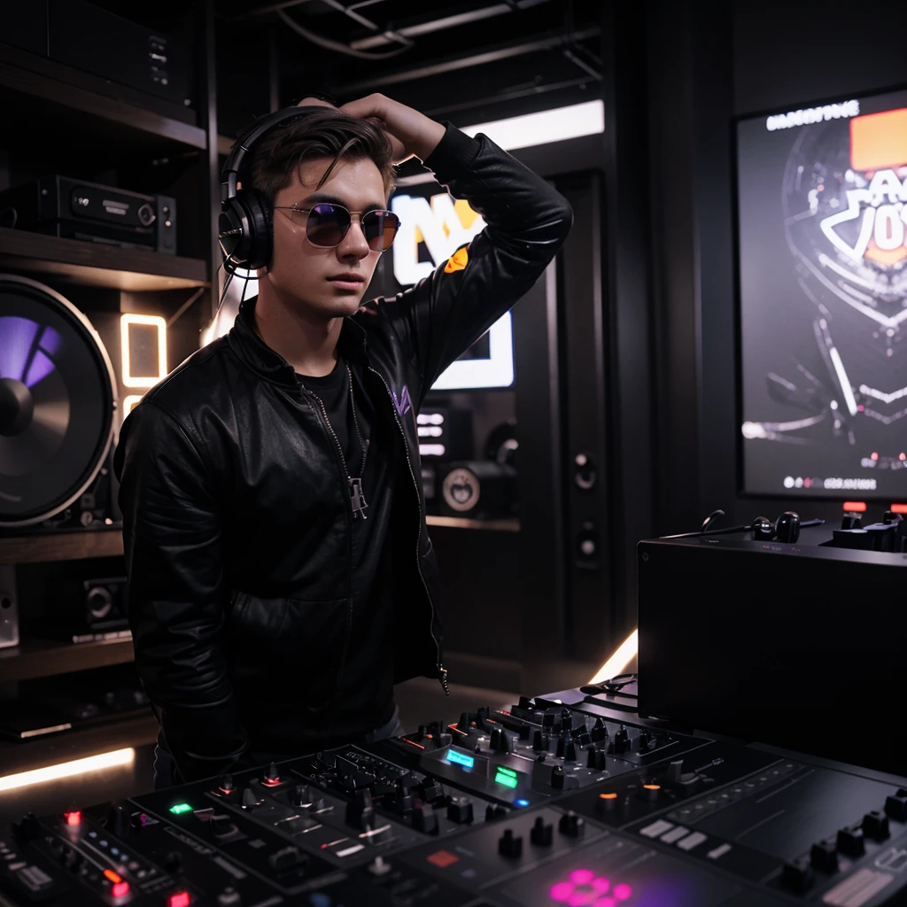 young man, 23 year old DJ, using large headphones, big dark glasses, putting sound at a rave ,ultrarealistic