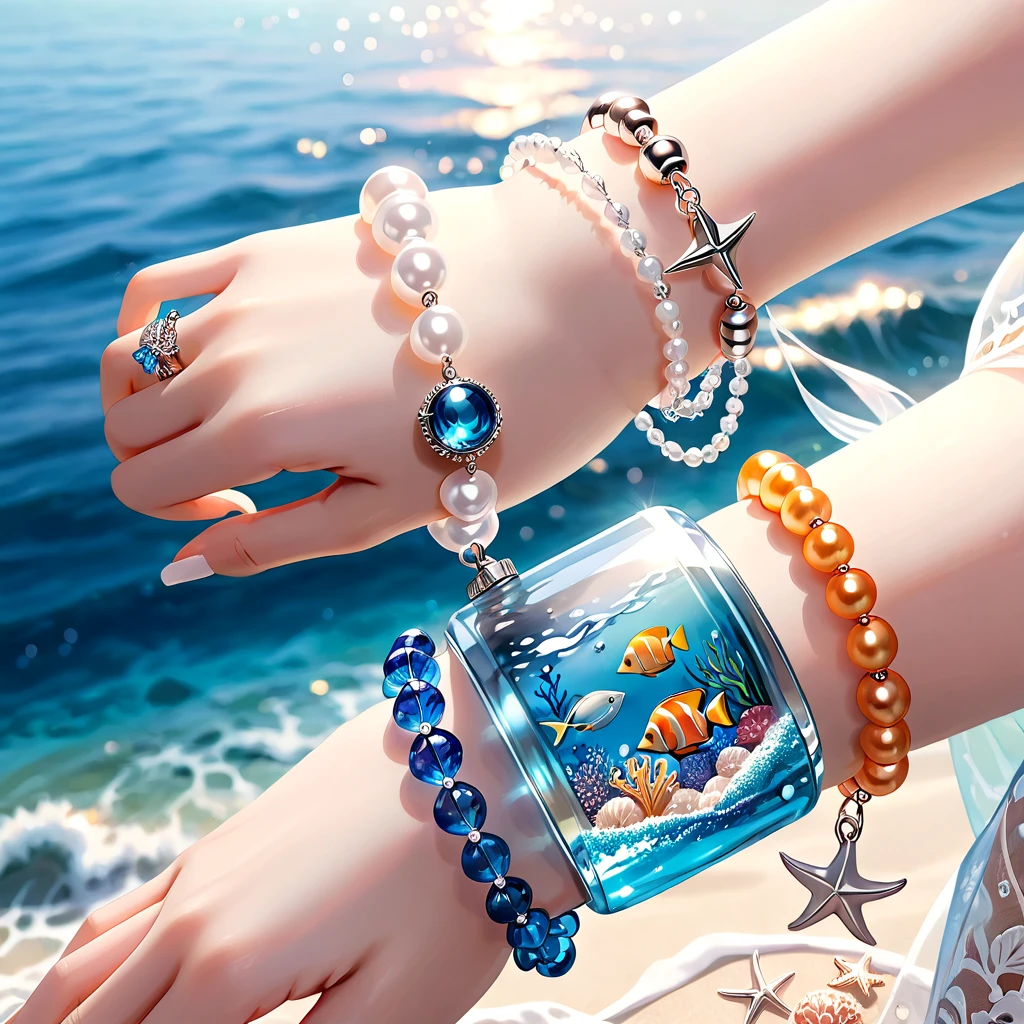 A shiny silver bracelet, on the wrist, (marine-themed charms:1.5), pearls, transparent colorful beads, delicate thin chain, (best quality, 4k, 8k, highres, masterpiece:1.2), ultra-detailed, (realistic, photorealistic, photo-realistic:1.37), intricate jewelry design, exquisite craftsmanship, shimmering metallic, ocean-inspired, iridescent pearls, vibrant hues, delicate filigree, elegant accessory, feminine aesthetics, close-up, detailed texture, soft focus, warm lighting