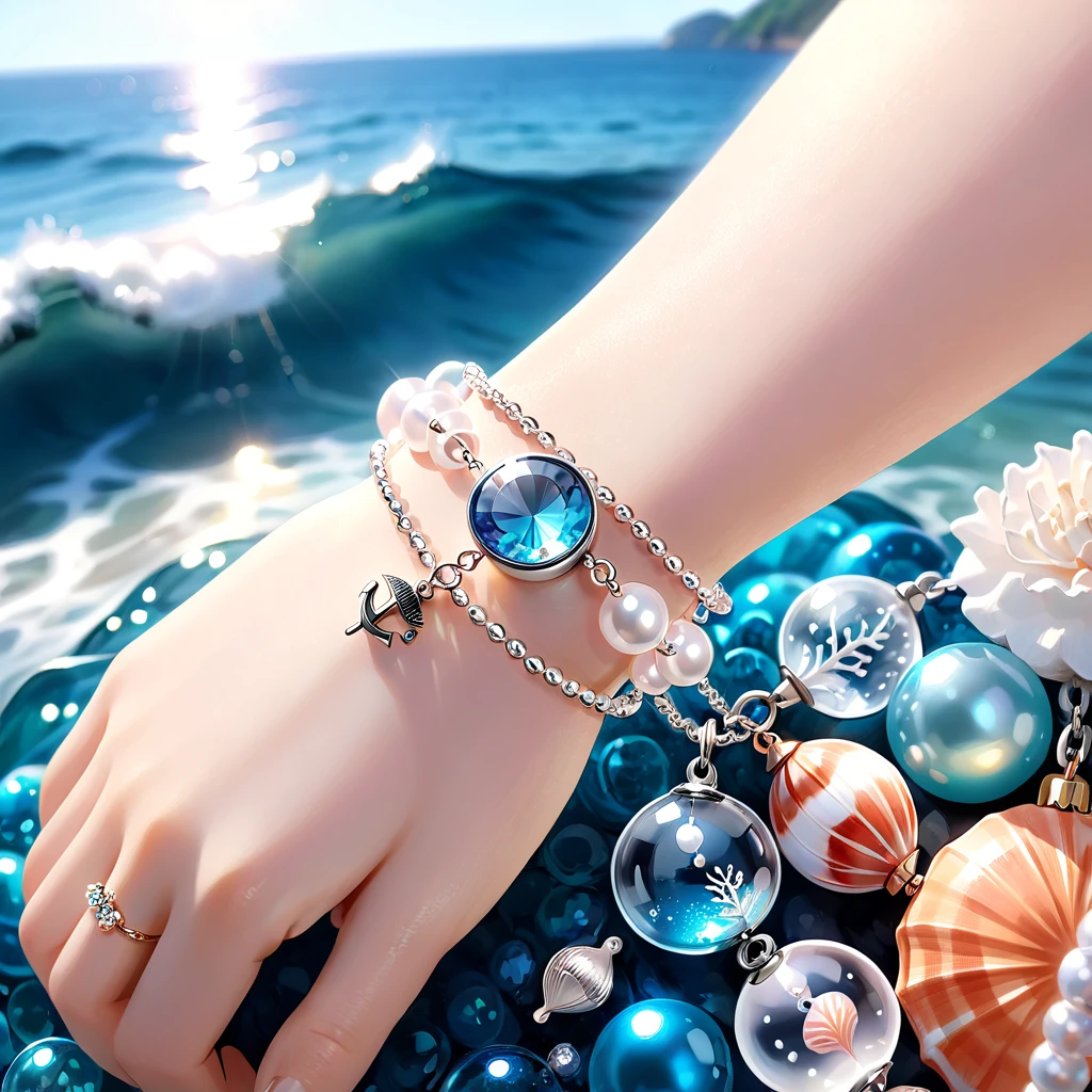 A shiny silver bracelet, on the wrist, (marine-themed charms:1.5), pearls, transparent colorful beads, delicate thin chain, (best quality, 4k, 8k, highres, masterpiece:1.2), ultra-detailed, (realistic, photorealistic, photo-realistic:1.37), intricate jewelry design, exquisite craftsmanship, shimmering metallic, ocean-inspired, iridescent pearls, vibrant hues, delicate filigree, elegant accessory, feminine aesthetics, close-up, detailed texture, soft focus, warm lighting
