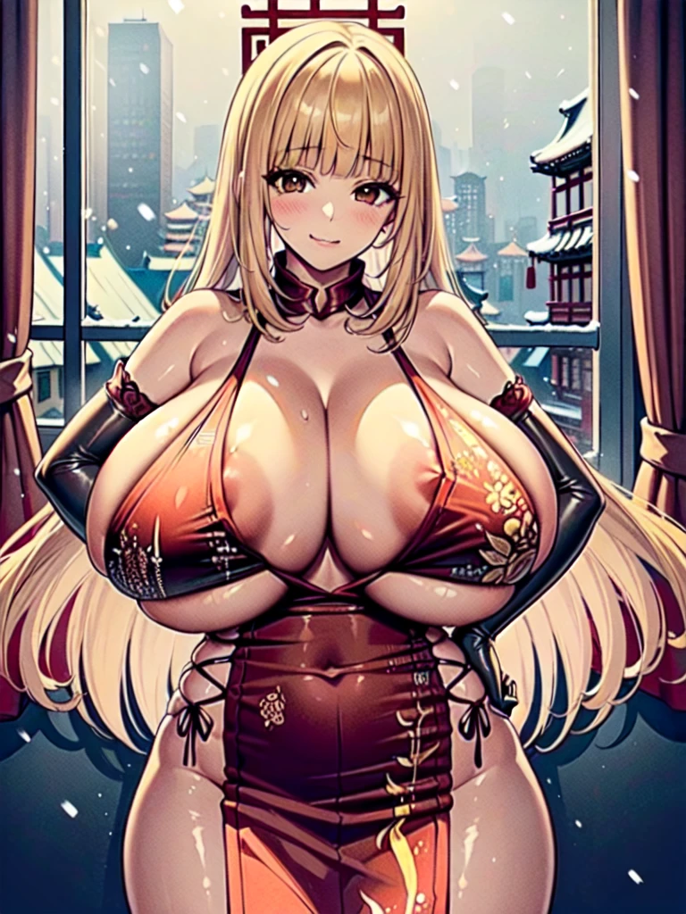 masterpiece, best quality, extremely detailed, 1girl, solo, midorikawa hana, (gigantic breasts:1.7), ((((blone hair), long hair, brown eyes))), parted lips, (((china dress, elbow gloves, black gloves))), ((blush, naughty smile), closed mouth), ((hands on own hips, window, indoor, china town, winter, snowing))