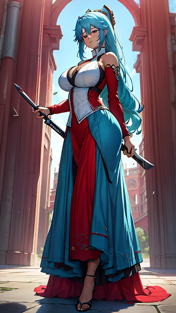 Highly detailed, a 22 yo's woman, Very huge hairstyle, vivid-cerulean BLUE hair, Carmine red eyes, busty, big And round buson, gorgeous plump body, face scar, cyan sattela's clothes, cyan sattela's Long skirt, Holding a weapon, action position, happy face