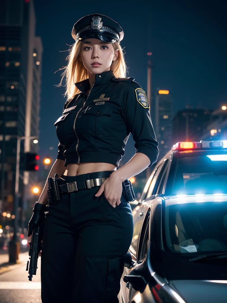 A female police officer, wearing police uniform with emblems, police cap, tactical pants, ammunition belt, police radio, military tactical boots, high-quality 4k, best quality, ultra-detailed, hyperrealistic, photorealistic, extremely detailed face and body, perfect facial features, beautiful eyes, lips, and nose, gorgeous woman, dark blue police canine, tactical vest, large breasts, wide hips, large buttocks, realistic image, urban setting, looking directly at the viewer, holding a revolver, serious expression, blonde hair, full body shot, police car in the background, cinematic lighting, dramatic shadows, vivid colors, professional photography