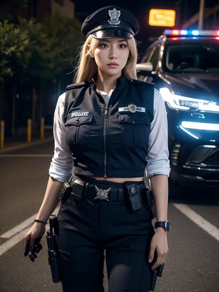 A female police officer, wearing police uniform with emblems, police cap, tactical pants, ammunition belt, police radio, military tactical boots, high-quality 4k, best quality, ultra-detailed, hyperrealistic, photorealistic, extremely detailed face and body, perfect facial features, beautiful eyes, lips, and nose, gorgeous woman, dark blue police canine, tactical vest, large breasts, wide hips, large buttocks, realistic image, urban setting, looking directly at the viewer, holding a revolver, serious expression, blonde hair, full body shot, police car in the background, cinematic lighting, dramatic shadows, vivid colors, professional photography