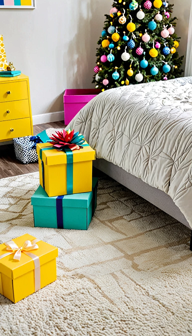 There is a small yellow box lying on the floor in a corner of a bedroom full of colorful decorations..