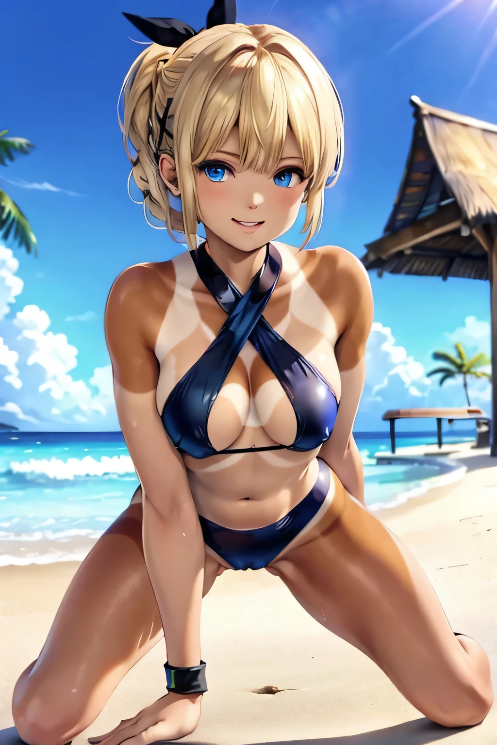 Marie rose,((((masterpiece)))), high quality, very_high_resolution, large_filesize, full color, heavy outline, clear outline, colorful, (beautiful detailed eyes), (beautiful face:1.3), boyish face, 1 girl, (Marie rose), (right blonde hair), long hair, (braided ponytail), ((bangs)), bumpy bangs, blue eyes, middle breasts, curvy, completely nude, black-wristbands, old school swim suits, (((tan))), smile, all fours, pussy juice