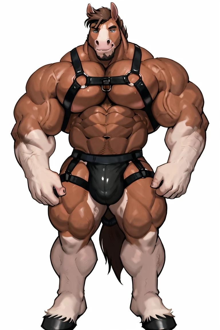 Horse man, exaggeratedly muscular, detailed eyes, prominent and dilated veins, alpha male, huge pecs (huge: 2.5), sensual expression, nicebulge, gayharness, y pose, full body, (white background).