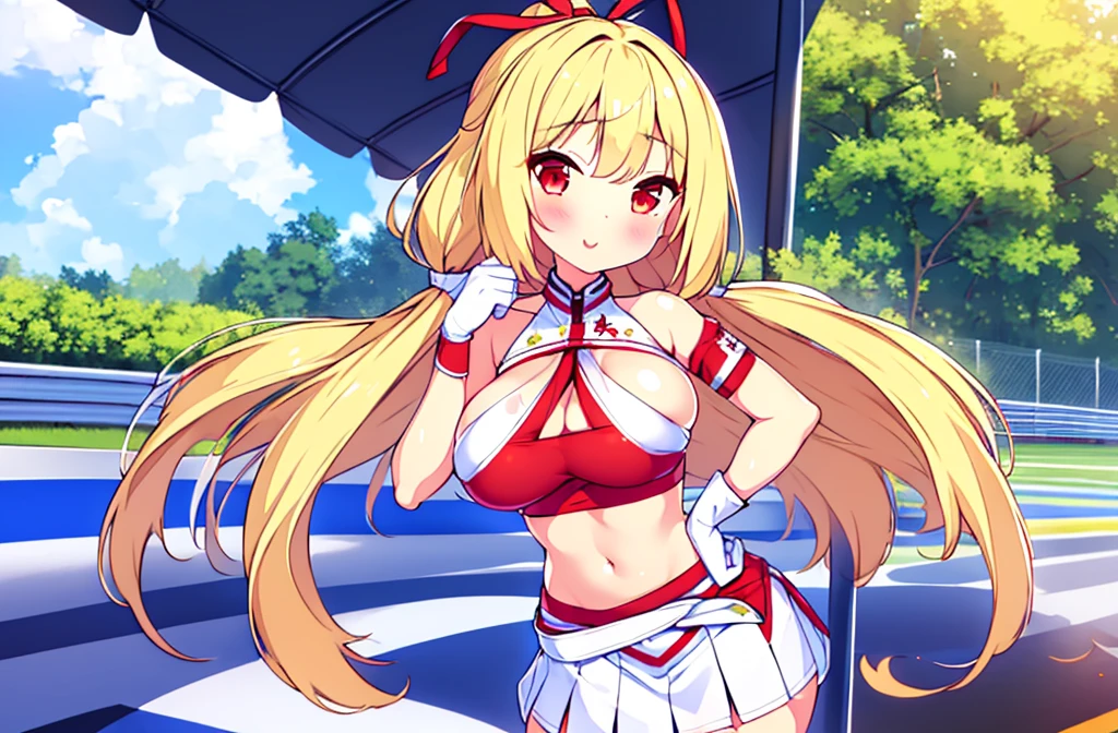 (1girl in:1.2), (Solo:1.2), masutepiece, nffsw、Shaders、Brilliant Textured Work、Ultra-detailed eyes、ultra-intricate pupil in eyes、top-quality、Race Queen Costumes、shiny white gloves、a blond、long pony tail、Narrow-eyed、Tsuriformes、sharp eye、red eyes、very large breast、underboob、Navel、Shoulder out、(Glossy white tube top:1.1)、(Strapless:1 2)、(Shiny white mini skirt:1.1)、pantie shot、(Put one hand on your hip:1.3)、(thin-waist:1.2)、long limbs、Model body type、(Glossy white boots:1.1)、seducting smile、Standing picture、(outdoors:1.1)、(Racing Circuit:1.3)、lawn、big red ribbon、(white clothes:1.1)、Throwing Kisses、