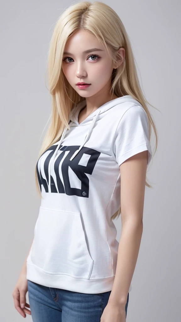 (((forehead、White Blonde Hair、Northern Europe、White people、beautiful girl、Blonde、White background、T-Shirts、hoodie、skinny pants、long hair)))、table top, highest quality, figure, super detailed, finely, High resolution, 8k wallpaper, Perfect dynamic composition, detailed and beautiful eyes, Deco out,bionde, medium hair, super big breasts, Natural color lip,white background, random cute poses,frill dress
