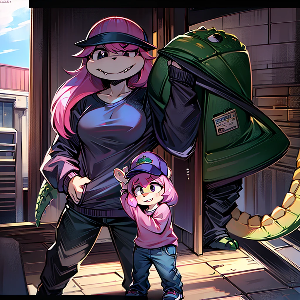 Make a standing alligator mom, alligator-shaped,She wears a cap that holds her pink hair, she smiles, black eye color, big mouth she has her hands in her pocket, she doesn't have a straight body, She wears a loose black blouse, White background,