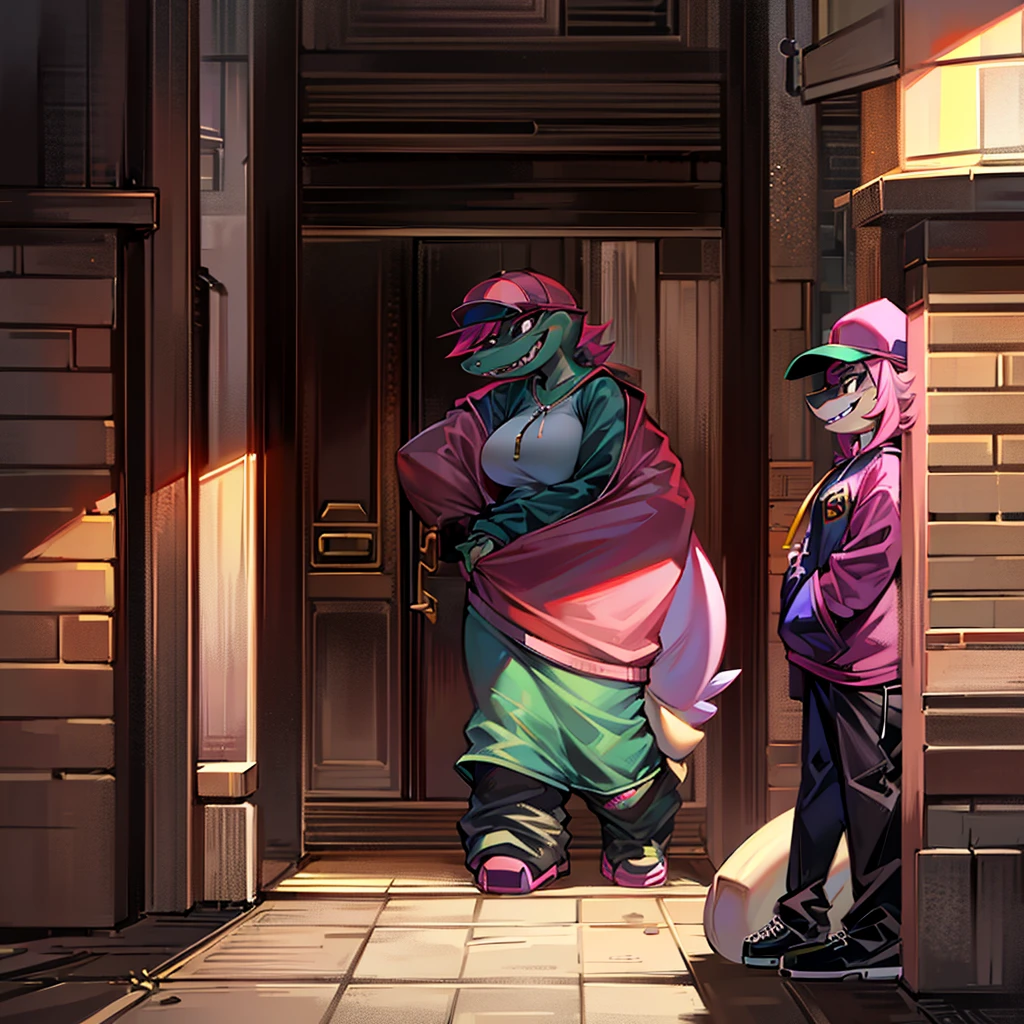 Make a standing alligator mom, alligator-shaped,She wears a cap that holds her pink hair, she smiles, black eye color, big mouth she has her hands in her pocket, she doesn't have a straight body, She wears a loose black blouse, White background,