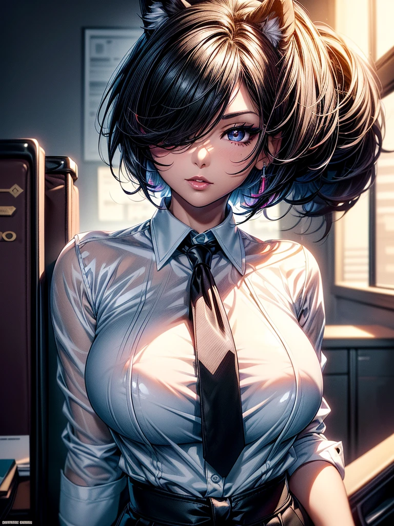 (masterpiece)(8k)(cute)(25-year old woman)(1girl:1.5)(solo:1.8)(wild hair:1.3)(short hair:1.3)(black brown hair)(shiny hair:1.2)(hair over one eye:1.5)(hairbun:1.2)(medium sized breasts:1.5)(black pupils:1.4)(glossy skin:1.4)(glossy lips)(dark, glossy eye-shadow:1.6)(dark eyelashes:1.4)(white office shirt:1.6)(long black necktie:1.4)(piercing:1.2)(seductive pose:1.3)(wolf:1.5)  rossdraws pastel vibrant, rossdraws cartoon vibrant, style anime 8k, beautiful portrait, artgerm colorful!!!, ! dream artgerm, beautiful anime girl, styled digital art, art wallpaper 8k, digital art, extremely detailed artgerm,