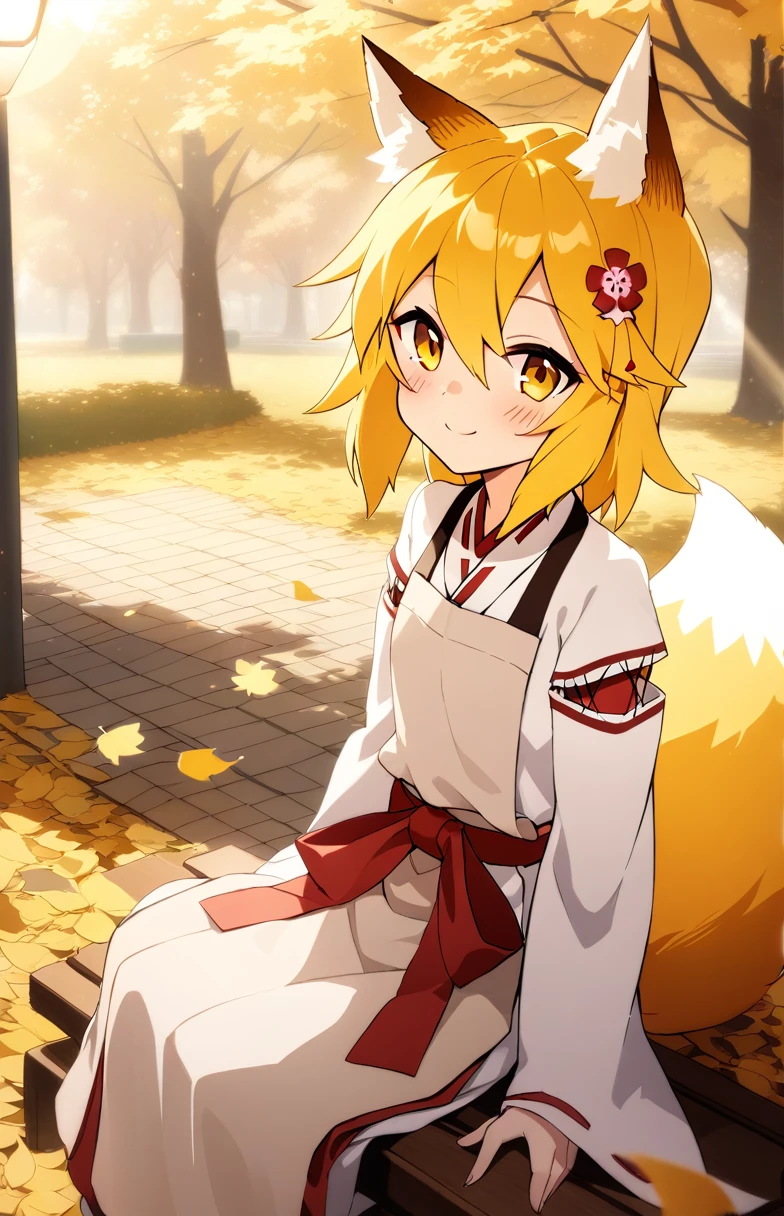 autumn, falling yellow leaves, park with trees, sitting on bench, smile, looking at viewer, cinematic angle, cinematic lighting, masterpiece, best quality
BREAK
sen, blonde hair, animal ears, fox ears, blush, animal ear fluff, hair ornament, fox girl, hair flower, hair between eyes, short hair, fox tail, tail, flat chest, yellow eyes, young girl,
miko, japanese clothes, apron,, autumn, falling yellow leaves, park with trees,dynamic pose