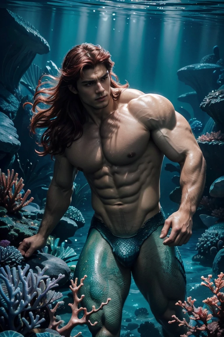 a muscular mermaid man with long flowing hair, detailed facial features, chiseled abs, intricate scales covering his body, underwater scene with colorful coral and bioluminescent plants, dramatic lighting, cinematic composition, photorealistic, highly detailed, 8k, hyper realistic, dramatic, dark color palette, moody atmosphere