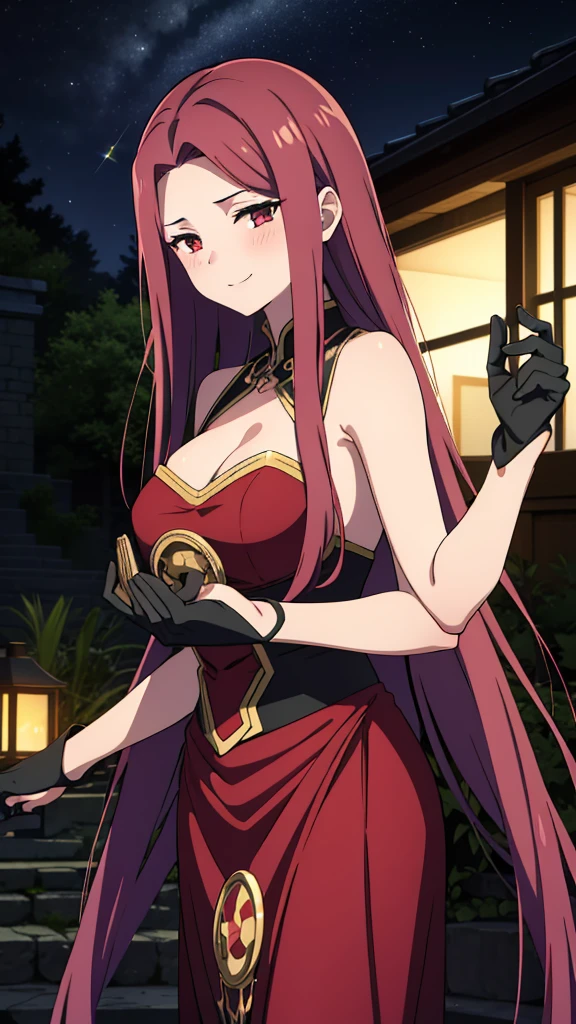 (1girl,20 years old),red hair,long hair,medusa hair,black elegant outfit, sleeveless,bare shoulders,smile,sexy,sensual,beautiful,cute,blush,extra arms,four arms,cleavage,twintail,at a party in a garden,party,night,looking at view,loving,dreamy, colorful, whimsical, magical, masterpiece, best quality, sharp focus, intricately detailed environment, fine detail, 8k resolution, glowing lights,starry Night,