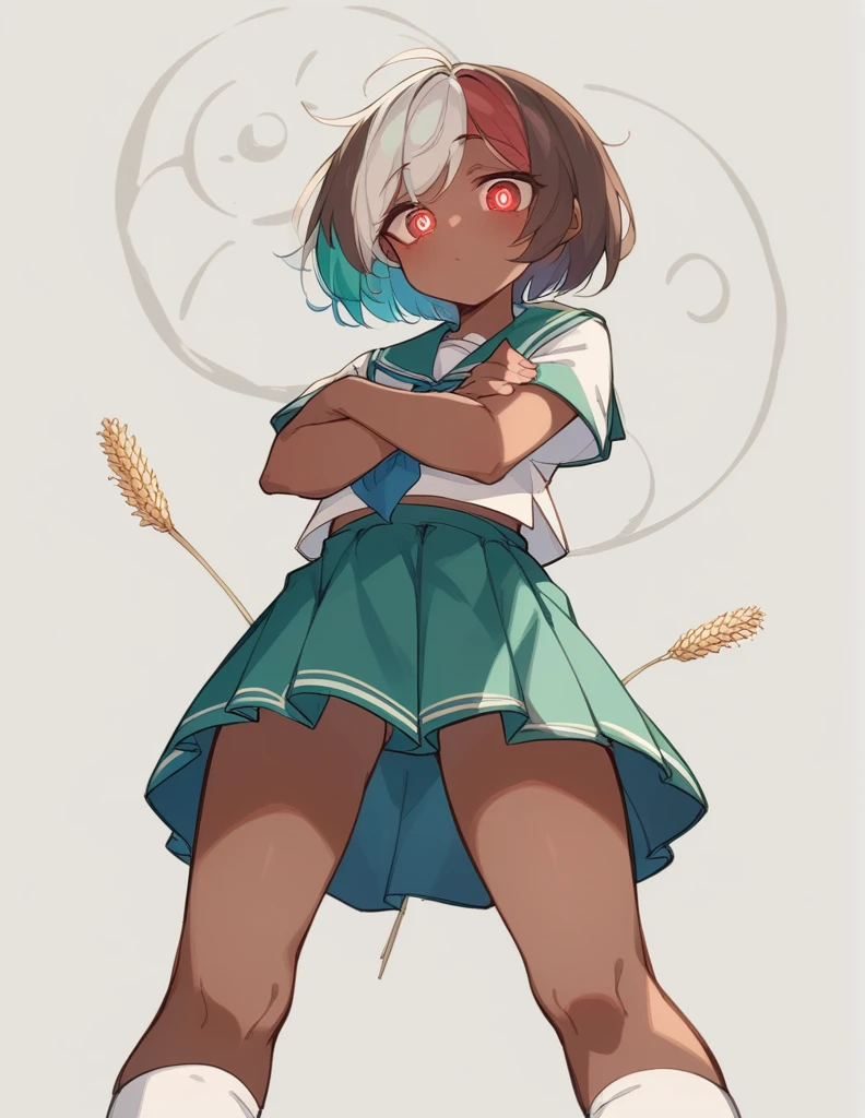 Highest quality, masterpiece, Ultra-high resolution, One girl,

bionde、Smooth Hair、Two-tone hair、Bobcut、Red Eyes、Sparkling Eyes、Detailed eyes、Slanted Eyes、Tanned, wheat-colored skin、Brown Skin、Traditional deep green sailor suit、White socks、loafers、whole body、Low - Angle、Fanning angles、Fantastic scene、Standing with your legs apart、Arms crossed、Confident expression、The full moon appears to be the same size as the large white body.