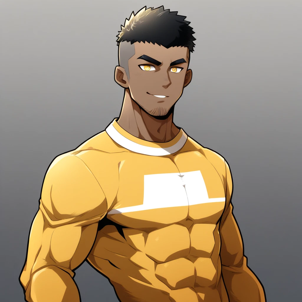 anime characters：Gyee, Young Muscle Sports Student, negro black skin, Buzz Cut, Manliness, male focus, Dark yellow 高领 long sleeve tight T-shirt, Slightly transparent texture, Very tight, Slightly transparent, muscular male, muscular, only, Upper body, alone, Black short hair, Thick eyebrows, stubble, Yellow eyes, Grey background, simple background, amazing quality, best aesthetics, Ridiculous, bright pupils, crew cut, parted lips, seductive smile, torogao, naughty face, best quality