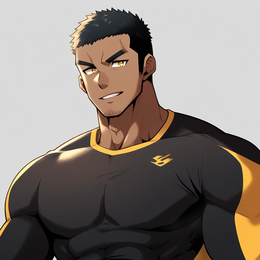 anime characters:Gyee, Young Muscle Sports Student, black skin, Buzz Cut, Manliness, male focus, Dark yellow 高领 long sleeve tight T-shirt, Slightly transparent texture, Very tight, Slightly transparent, muscular male, muscular, only, Upper body, alone, Black short hair, Thick eyebrows, stubble, Yellow eyes, Grey background, simple background, amazing quality, best aesthetics, Ridiculous, bright pupils, crew cut, parted lips, seductive smile, torogao, naughty face, best quality