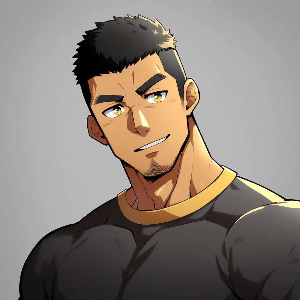 anime characters：Gyee, Young Muscle Sports Student, negro black skin, Buzz Cut, Manliness, male focus, Dark yellow 高领 long sleeve tight T-shirt, Slightly transparent texture, Very tight, Slightly transparent, muscular male, muscular, only, Upper body, alone, Black short hair, Thick eyebrows, stubble, Yellow eyes, Grey background, simple background, amazing quality, best aesthetics, Ridiculous, bright pupils, crew cut, parted lips, seductive smile, torogao, naughty face, best quality