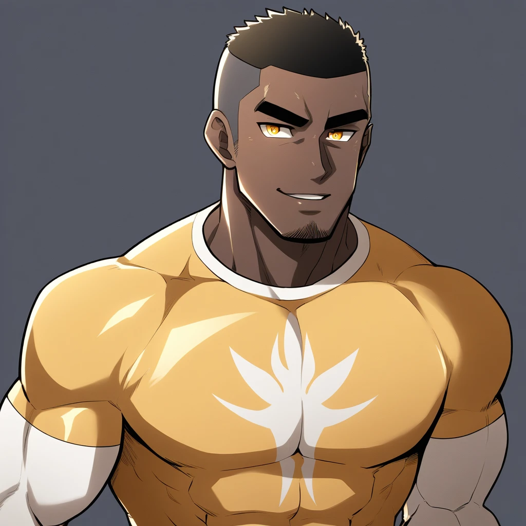 anime characters:Gyee, Young Muscle Sports Student, negro black skin, Buzz Cut, Manliness, male focus, Dark yellow 高领 long sleeve tight T-shirt, Slightly transparent texture, Very tight, Slightly transparent, muscular male, muscular, only, Upper body, alone, Black short hair, Thick eyebrows, stubble, Yellow eyes, Grey background, simple background, amazing quality, best aesthetics, Ridiculous, bright pupils, crew cut, parted lips, seductive smile, torogao, naughty face, best quality