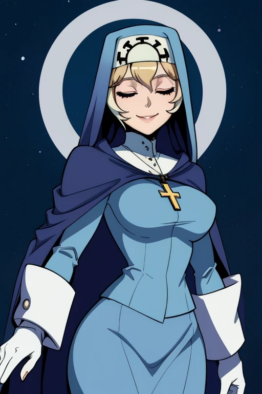 Double, short blonde hair, medium breasts, solo, smiling, cowboy shot, closed eyes, 
 blue habit, cross necklace ,long sleeves, cape, cloak, robe, white gloves, long skirt, nun, 
(insanely detailed, beautiful detailed face,beautiful detailed eyes, masterpiece, best quality) 
   