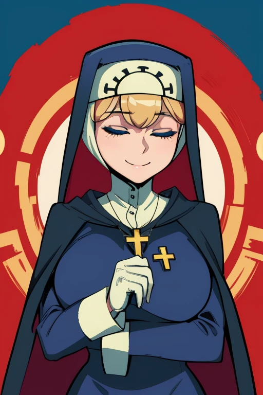 Double, short blonde hair, medium breasts, solo, smiling, cowboy shot, closed eyes,
blue habit, cross necklace ,long sleeves, cape, cloak, robe, white gloves, long skirt, nun,
(insanely detailed, beautiful detailed face,beautiful detailed eyes, masterpiece, best quality)