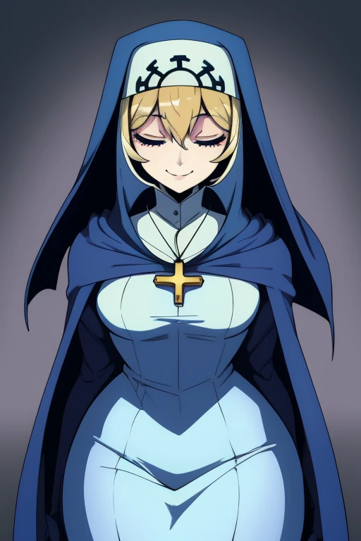 Double, short blonde hair, medium breasts, solo, smiling, cowboy shot, closed eyes,
blue habit, cross necklace ,long sleeves, cape, cloak, robe, white gloves, long skirt, nun,
(insanely detailed, beautiful detailed face,beautiful detailed eyes, masterpiece, best quality)