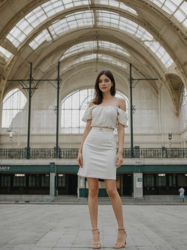 her name is Elle, high quality, 1girl, ((20-year-old fit Caucasian woman)), ((20 years old)), ((fit)), ((pale skin)), Sleek Ponytail blonde hair , wearing Off-Shoulder Satin Blouse+ High-Waisted Pencil Skirt, pose: standing, background:  The former railway station that is now the Musée d'Orsay houses stunning works of Impressionist art. You stand before Monet’s "Water Lilies," captivated by the play of light and color. The open space, filled with the sound of soft footsteps and whispers, along with the scent of polished wood and faint traces of paint, creates a serene and inspiring environment.