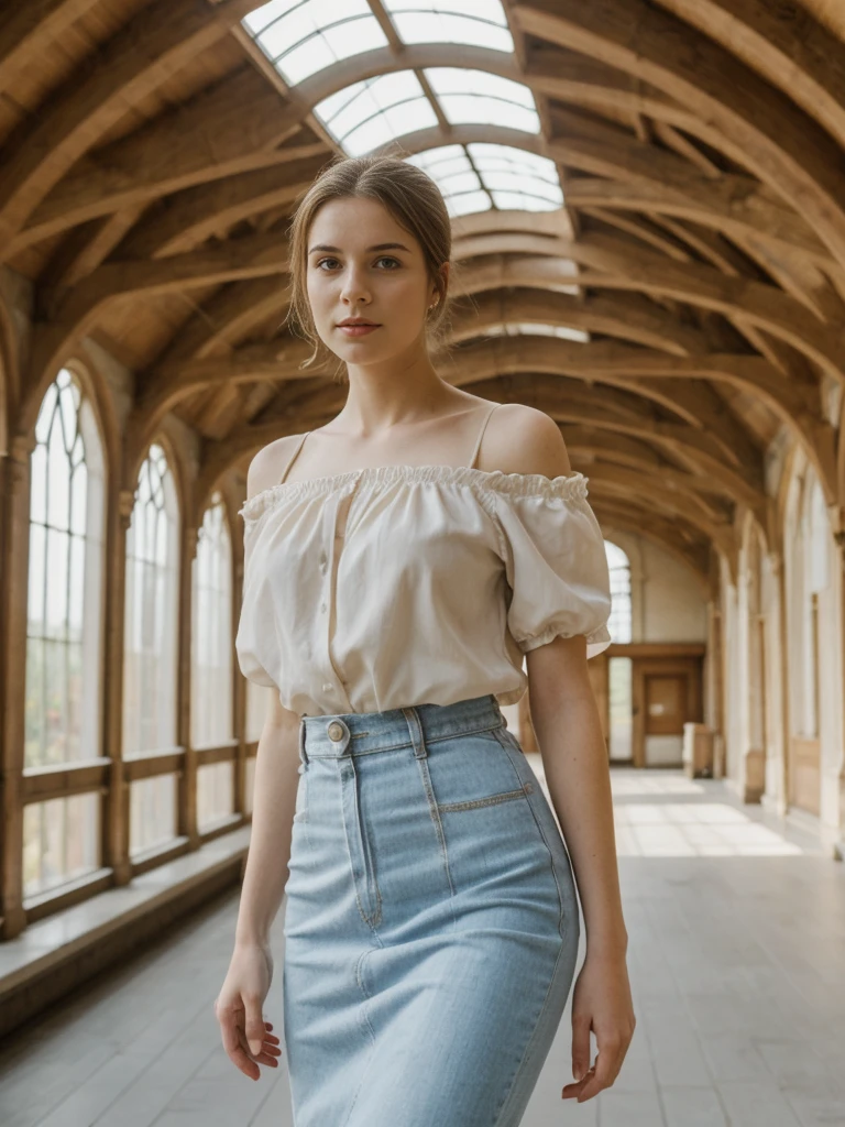 her name is Elle, high quality, 1girl, ((20-year-old fit Caucasian woman)), ((20 years old)), ((fit)), ((pale skin)), Sleek Ponytail blonde hair , wearing Off-Shoulder Satin Blouse+ High-Waisted Pencil Skirt, pose: standing, background: The former railway station that is now the Musée d'Orsay houses stunning works of Impressionist art. You stand before Monet’s "Water Lilies," captivated by the play of light and color. The open space, filled with the sound of soft footsteps and whispers, along with the scent of polished wood and faint traces of paint, creates a serene and inspiring environment.