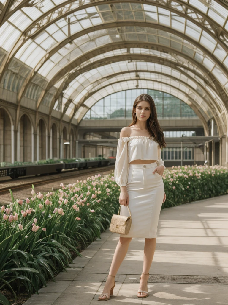 her name is Elle, high quality, 1girl, ((20-year-old fit Caucasian woman)), ((20 years old)), ((fit)), ((pale skin)), Sleek Ponytail blonde hair , wearing Off-Shoulder Satin Blouse+ High-Waisted Pencil Skirt, pose: standing, background: The former railway station that is now the Musée d'Orsay houses stunning works of Impressionist art. You stand before Monet’s "Water Lilies," captivated by the play of light and color. The open space, filled with the sound of soft footsteps and whispers, along with the scent of polished wood and faint traces of paint, creates a serene and inspiring environment.