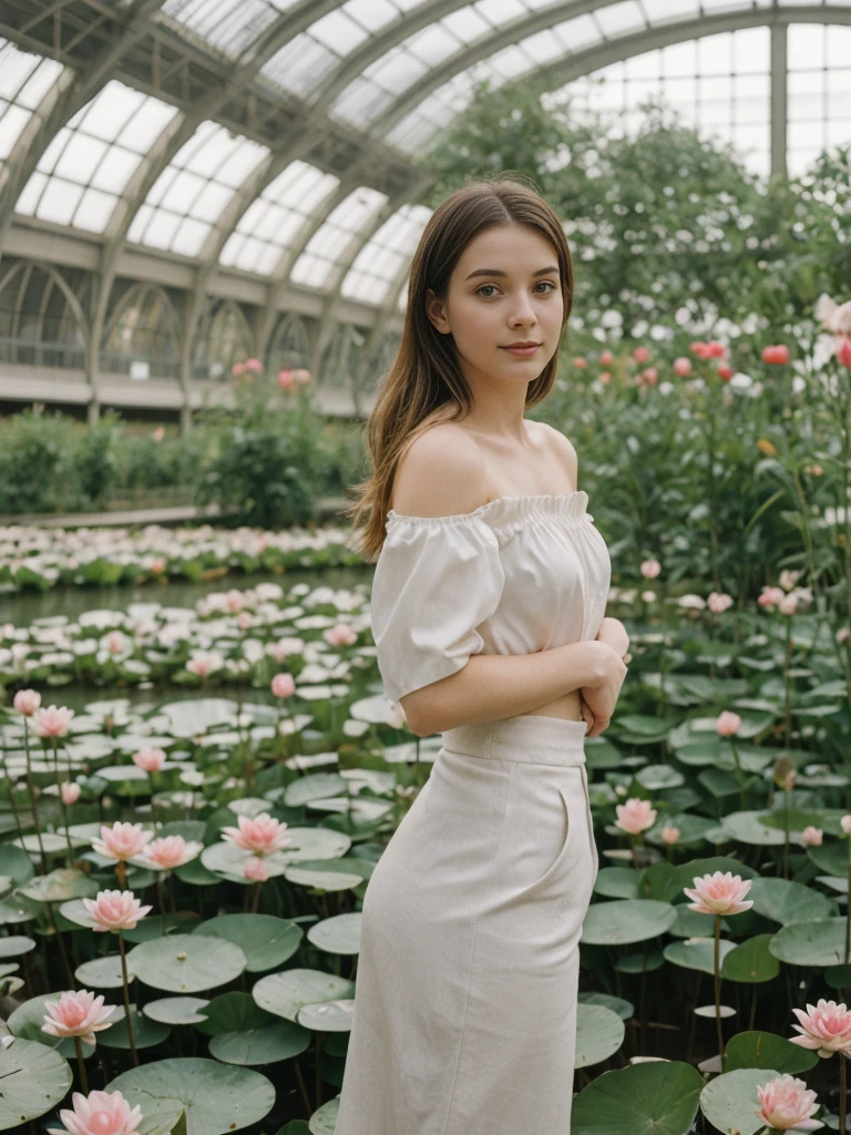 her name is Elle, high quality, 1girl, ((20-year-old fit Caucasian woman)), ((20 years old)), ((fit)), ((pale skin)), Sleek Ponytail blonde hair , wearing Off-Shoulder Satin Blouse+ High-Waisted Pencil Skirt, pose: standing, background: The former railway station that is now the Musée d'Orsay houses stunning works of Impressionist art. You stand before Monet’s "Water Lilies," captivated by the play of light and color. The open space, filled with the sound of soft footsteps and whispers, along with the scent of polished wood and faint traces of paint, creates a serene and inspiring environment.