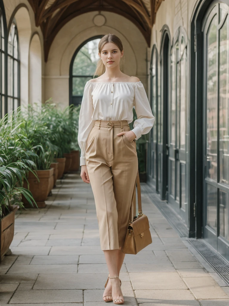her name is Elle, high quality, 1girl, ((20-year-old fit Caucasian woman)), ((20 years old)), ((fit)), ((pale skin)), Sleek Ponytail blonde hair , wearing Off-Shoulder Satin Blouse+ High-Waisted Pencil Skirt, pose: standing, background:  The former railway station that is now the Musée d'Orsay houses stunning works of Impressionist art. You stand before Monet’s "Water Lilies," captivated by the play of light and color. The open space, filled with the sound of soft footsteps and whispers, along with the scent of polished wood and faint traces of paint, creates a serene and inspiring environment.
