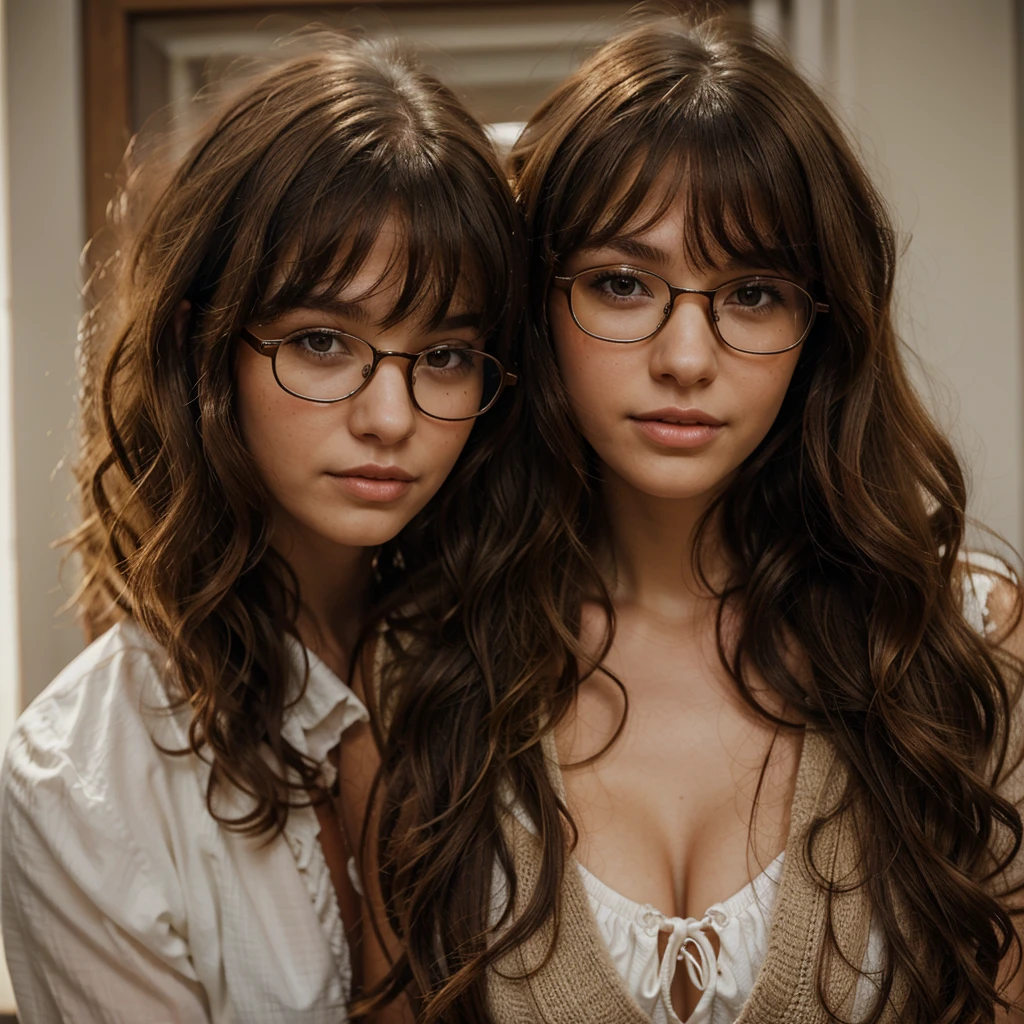 Woman with curly hair, fringe, glasses, Brown eyes, light brown hair color, light brunette