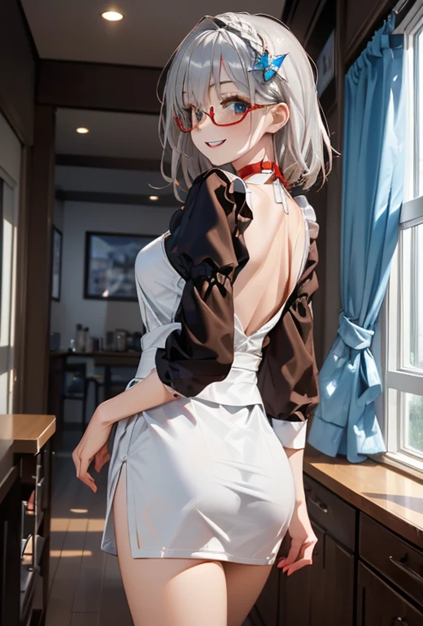 (Photorealistic:1.8, Highest quality:1.8,8K masterpiece:1.8,High resolution,Mastepiece:1.8,RAW Photos,Cinematic lighting)、Detailed Background、((Flat Color))、((colorful))、morning、maid Cafe、Window light、(Back view of a female store clerk holding a coffee cup)、TWICE's Tzuyu' on pause、
(choker、Black maid outfit、hair ornaments、Black Mini Skirt、Glasses)、(Beautiful thighs、Beautiful hips)、(smile、A rich expression)、(Medium Hair、Beautiful, shining red, white, brown and silver hair:1.5)、Sparkling Blue Eyes、Random Pause