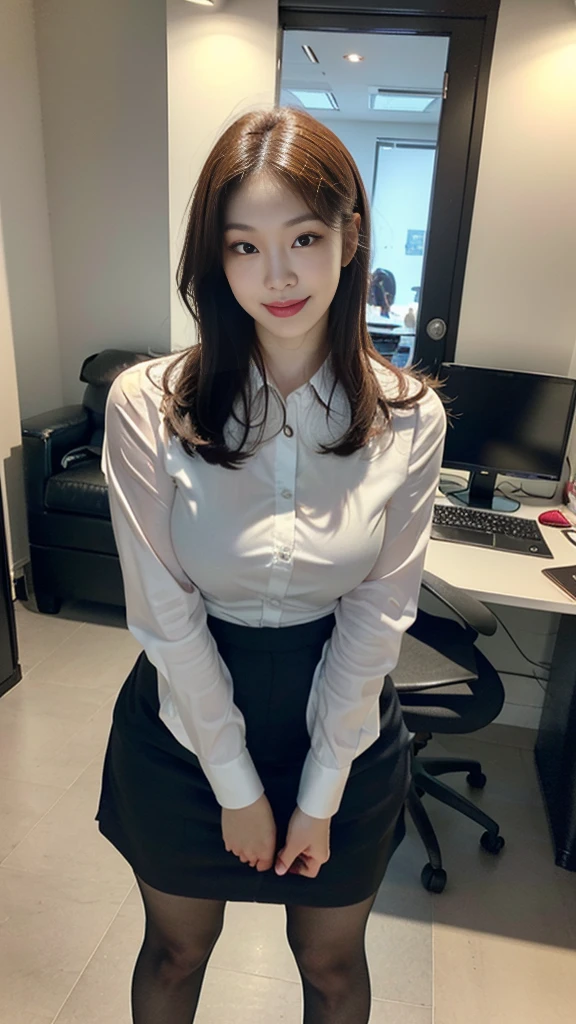 ((top-quality、masterpiece、photographrealistic:1.4、in 8K))、Beautuful Women1a person、25years old、delicate and beautiful face、Eyes and faces with detailed 、(Modern workplace with computer:1.2)、(Shirt:1.2)、(standing:1.2)、A smile、Beautiful lighting、Textured skin、Super Detail、high detailing、High quality、hight resolution、(looking at the viewers)、Detailed mouth、Opening Mouth、full body Esbian、tight skirts、Women at work、Fishnet Stockings、Coffee、window、Women who can work、high-heels, short hair