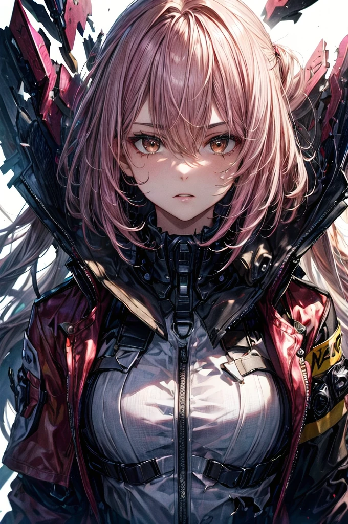 (Highest Resolution, clear_image) Highest quality, Women's masterpieces, Very detailed, Semi-realistic,(Most of the body),Pink long hair, bangs, 18-year-old, young,black fitting,Pinkish-purple flight suit,Stand Collar Shirt,Sharp Face,(Brown eyes, Hair between the eyes), fluorescent long coat (Broken glass),(Plain white background),cold, Severe,Authoritative,Powerful,(Character portrait),(Graceful features, Graceful features)