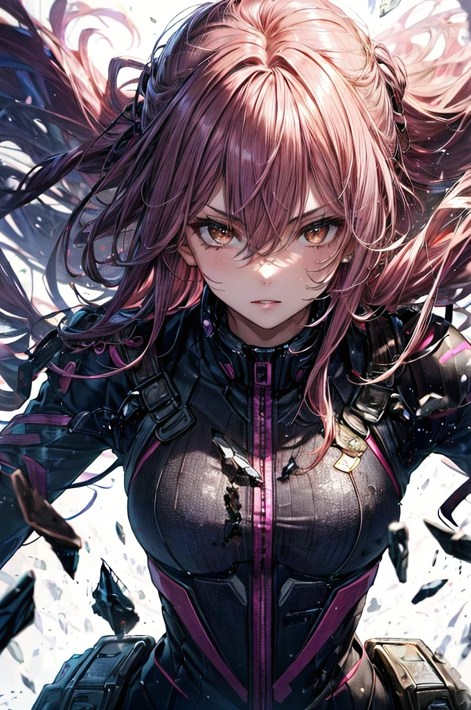 (Highest Resolution, clear_image) Highest quality, Women's masterpieces, Very detailed, Semi-realistic,(Most of the body),Pink long hair, bangs, 18-year-old, young,black fitting,Pinkish-purple flight suit,Stand Collar Shirt,Sharp Face,(Brown eyes, Hair between the eyes), fluorescent long coat (Broken glass),(Plain white background),cold, Severe,Authoritative,Powerful,(Character portrait),(Graceful features, Graceful features)