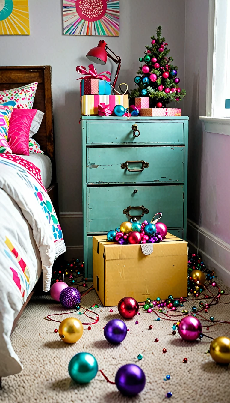 There is a small old and faded box lying on the floor in the corner of a bedroom full of colorful decorations..