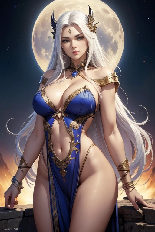 Art image of a sexy Goddess of the Moon, fantasy, show skin, cleavage,  large breasts, white hair, by Louis Royo, Boris Vallejo, Frank Frazetta, extreme focus, sharp details, sexy,