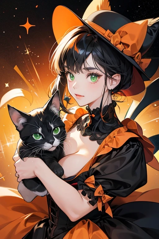 A black and orange calico girl cat with black hair, and green eyes. She wears a red hat and a blue bow. SPARKLE; GLITTER
