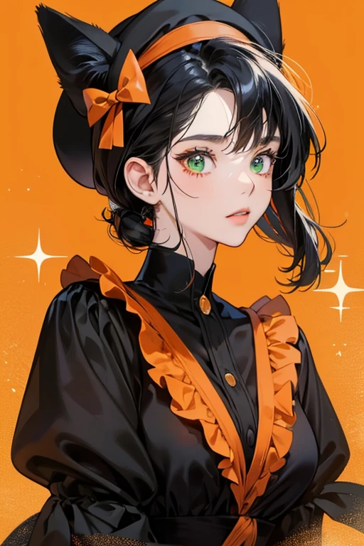 A black and orange calico girl cat with black hair, and green eyes. She wears a red hat and a blue bow. SPARKLE; GLITTER