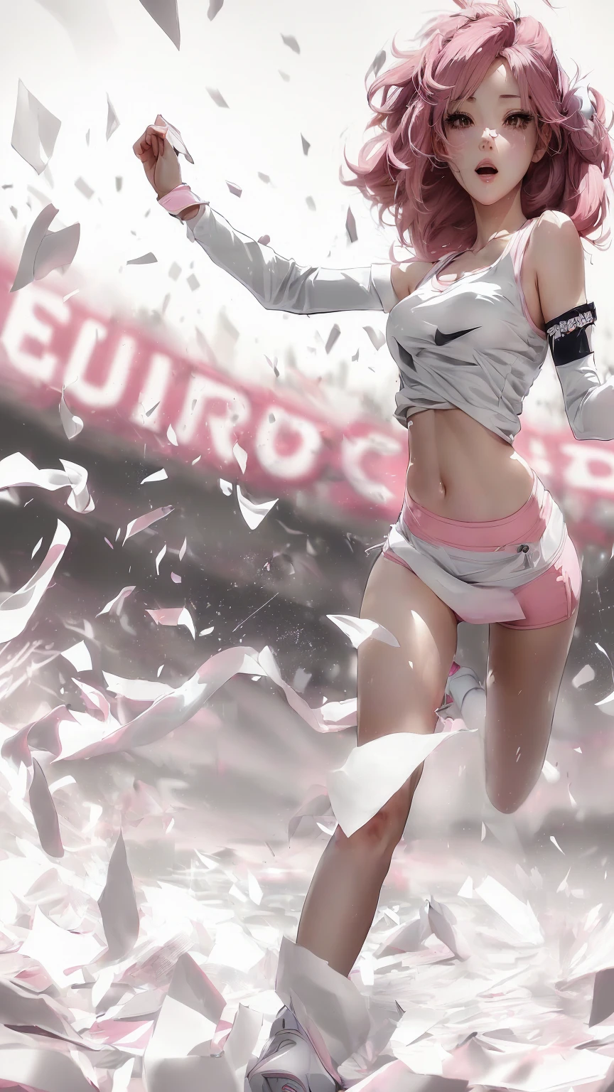 Anime girl in a white top and pink shorts running among a pile of papers, artwork in the style of Gu Weiss, Pink Girl, Gu Weiss on artstation pixiv, Gu Weiss, Gu Weiss on pixiv artstation, Sakura Haruno, Pixiv competition winner, Gu Weiss masterpiece, Sakura Haruno, epic digital art illustration