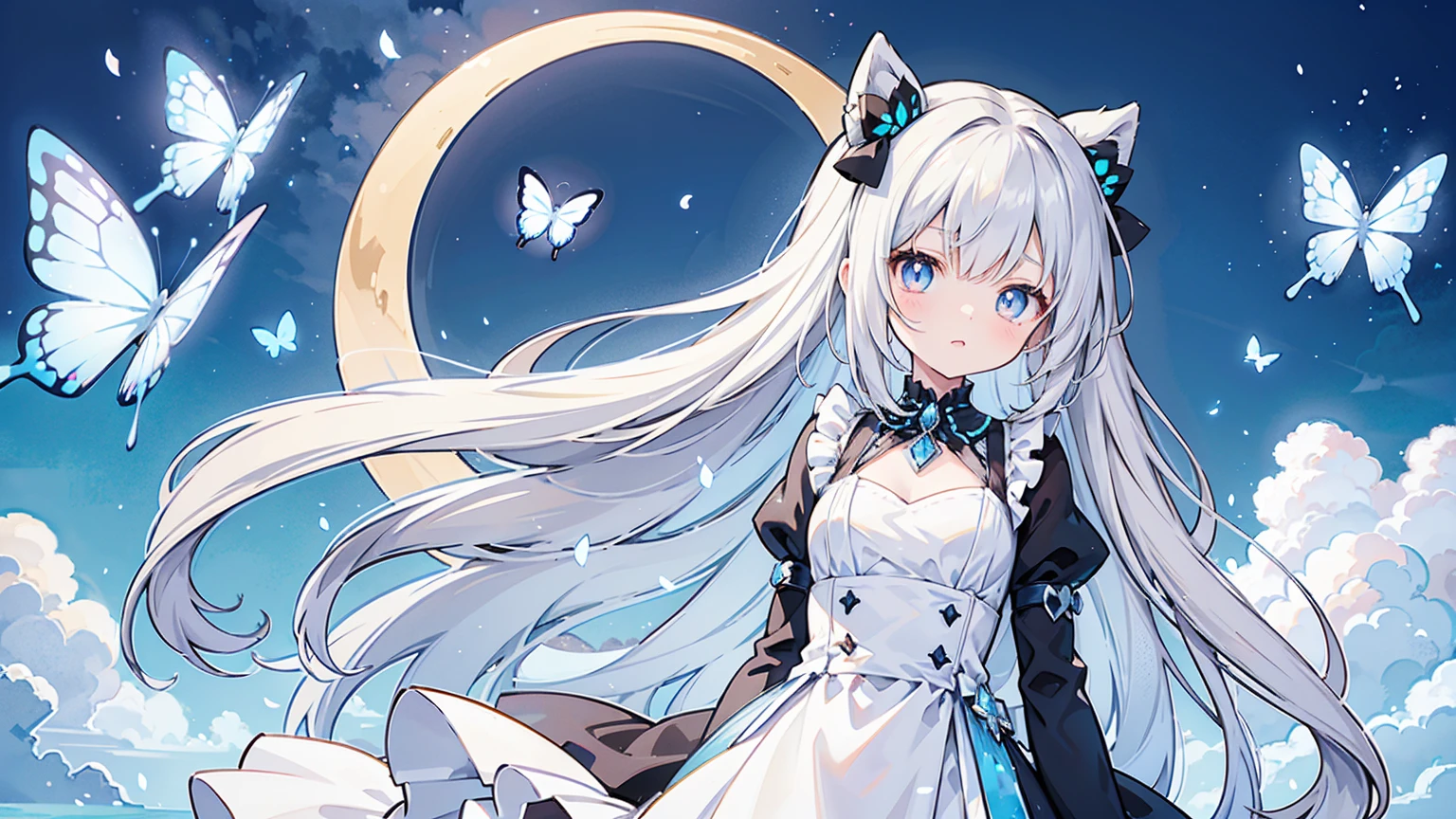 The image depicts a character in an anime or manga style. The character is a young girl with long, silver hair that has black tips. She has a single, expressive eye with reddish-brown pupils. Her attire consists of a dark dress adorned with light-colored bows and frills, including a butterfly-shaped bow near her collar. The background is abstract, featuring shades of blue and white, resembling a dreamlike sky. There are geometric shapes resembling crystals or gems, as well as petals, crescent moons, and butterflies floating around the character. The overall atmosphere of the image is one of gentle fantasy and wonder.