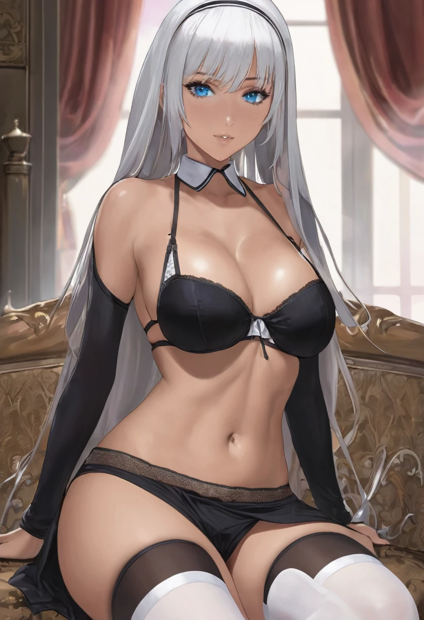 1girl, solo, breasts, nun, large breasts, thighhighs, dark-skinned female, underwear, blue eyes, panties, dark skin, navel, white bra, white thighhighs, sitting, white hair, bra, looking at viewer, bangs, cleavage, blush, white panties, spread legs, parted lips, indoors, lingerie, long sleeves, dress, habit, detached collar, garter straps, hair between eyes, bare shoulders, thighs, black dress, long hair, skindentation, garter belt