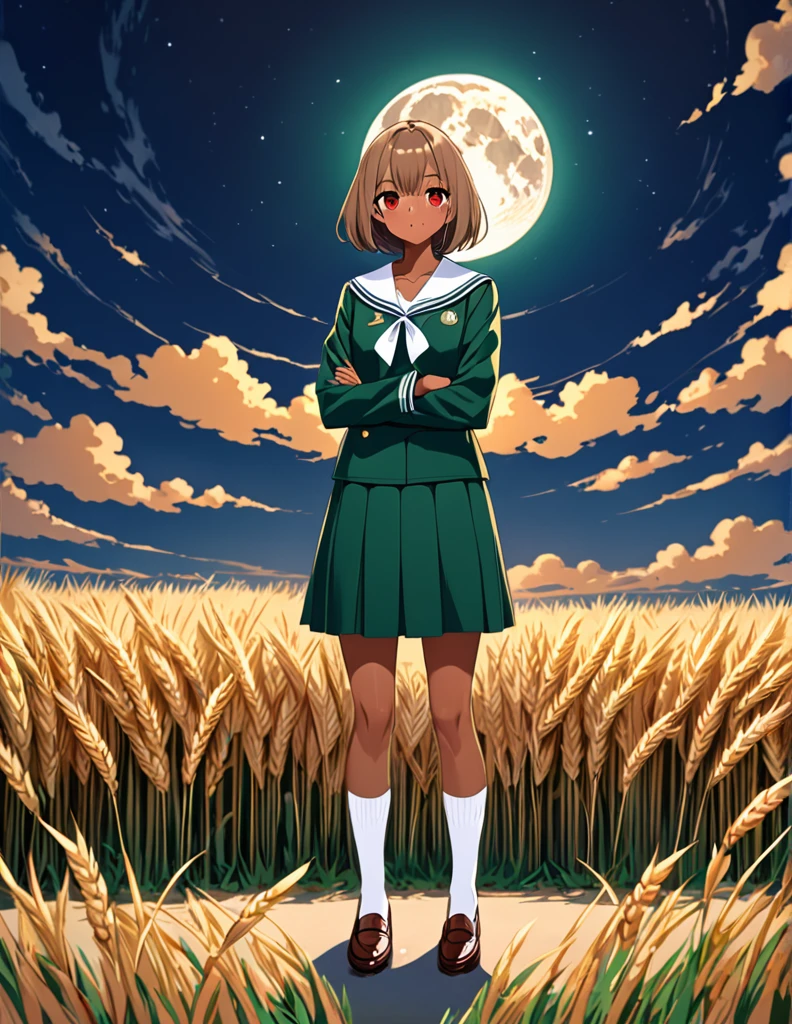 Highest quality, masterpiece, Ultra-high resolution, One girl,
bionde、Smooth Hair、Two-tone hair、Bobcut、Red Eyes、Sparkling Eyes、Detailed eyes、Slanted Eyes、Tanned, wheat-colored skin、Brown Skin、Traditional deep green sailor suit、White socks、loafers、whole body、Low - Angle、Fanning angles、Fantastic scene、Standing with your legs apart、Arms crossed、Confident expression、The full moon appears to be the same size as the large white body.