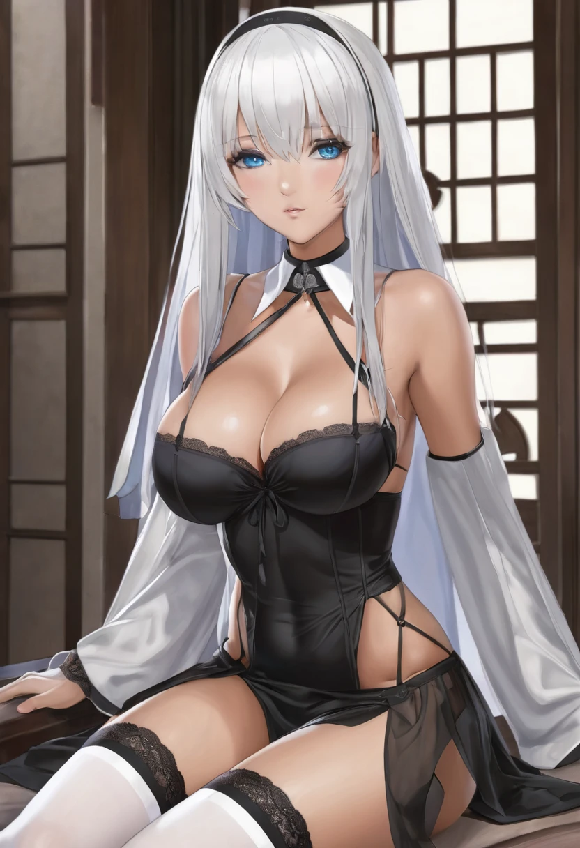 1girl, solo, breasts, nun, large breasts, thighhighs, dark-skinned female, underwear, blue eyes, panties, dark skin, navel, white bra, white thighhighs, sitting, white hair, bra, looking at viewer, bangs, cleavage, blush, white panties, spread legs, parted lips, indoors, lingerie, long sleeves, dress, habit, detached collar, garter straps, hair between eyes, bare shoulders, thighs, black dress, long hair, skindentation, garter belt