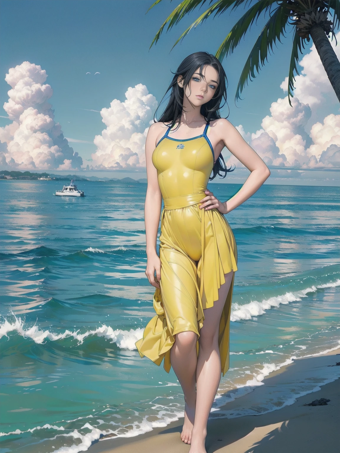 arte de Cornflower, Dreamers, (a handsome, adolescent, anime style girl with long blue eyes, Bblack hair, wearing a pale yellow, Ablaze, long branch, Open chest, Long skirt swimsuit with a pink, offwhite, and yellow, the heart is posing with hands on hips, in front of a beach and a light, blue sky with clouds in it, there are palm trees in the background on both sides of the image, and there are lots of blue and yellow fish swimming in the ocean, and there's a police helicopter with lights flying over the girl)