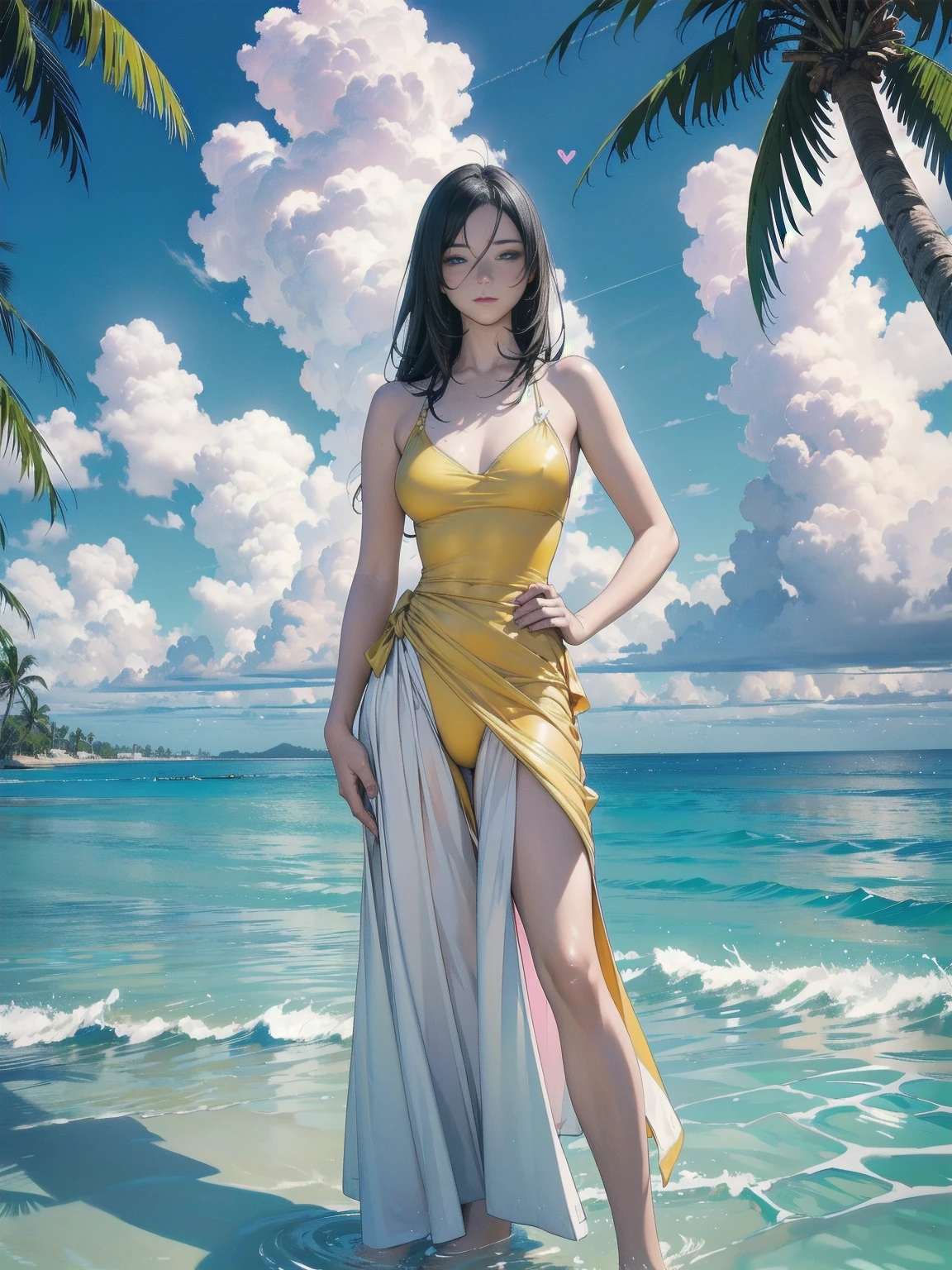 arte de Cornflower, Dreamers, (a handsome, adolescent, anime style girl with long blue eyes, Bblack hair, wearing a pale yellow, Ablaze, long branch, Open chest, Long skirt swimsuit with a pink, offwhite, and yellow, the heart is posing with hands on hips, in front of a beach and a light, blue sky with clouds in it, there are palm trees in the background on both sides of the image, and there are lots of blue and yellow fish swimming in the ocean, and there&#39;s a police helicopter with lights flying over the girl)