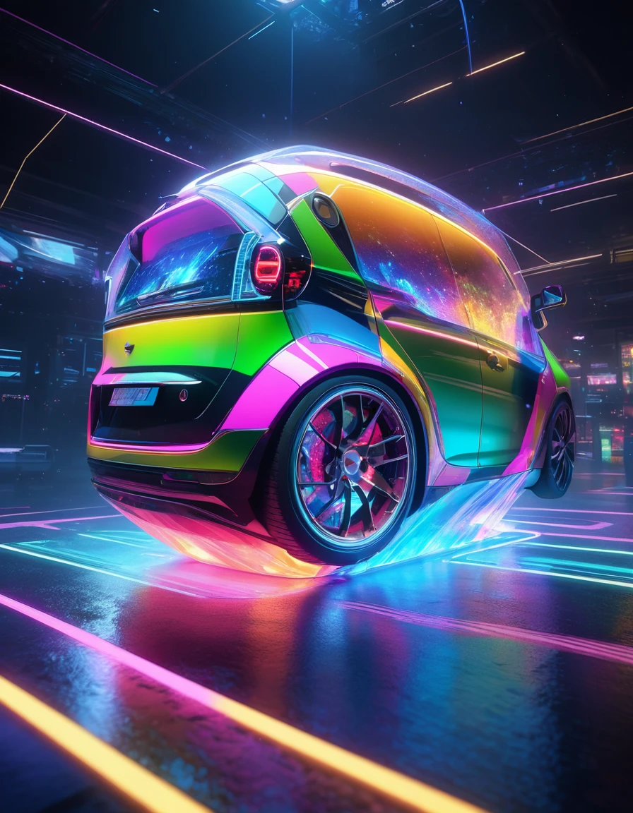 holography, draw in neon colors ((car)): car: ((floating)), transparent, Three dimensions, light, sf, digital art, Digital, scientific, dark background: electronic circuit: draw in neon colors, 3d, masterpiece, Digital space, energy, beautiful, masterpiece, 8K, light, be familiar with, lively, colorful, nice, beautiful, rich colors, beautiful Light Lines. magic effect, Sparkling, beautiful Light Grains